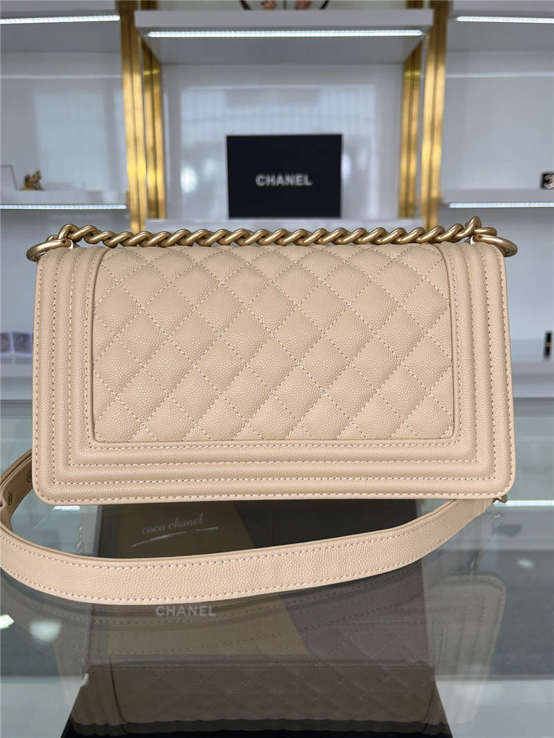 BOY Chanel HANDBAG Grained Calfskin Beige Matt-Gold Metal High