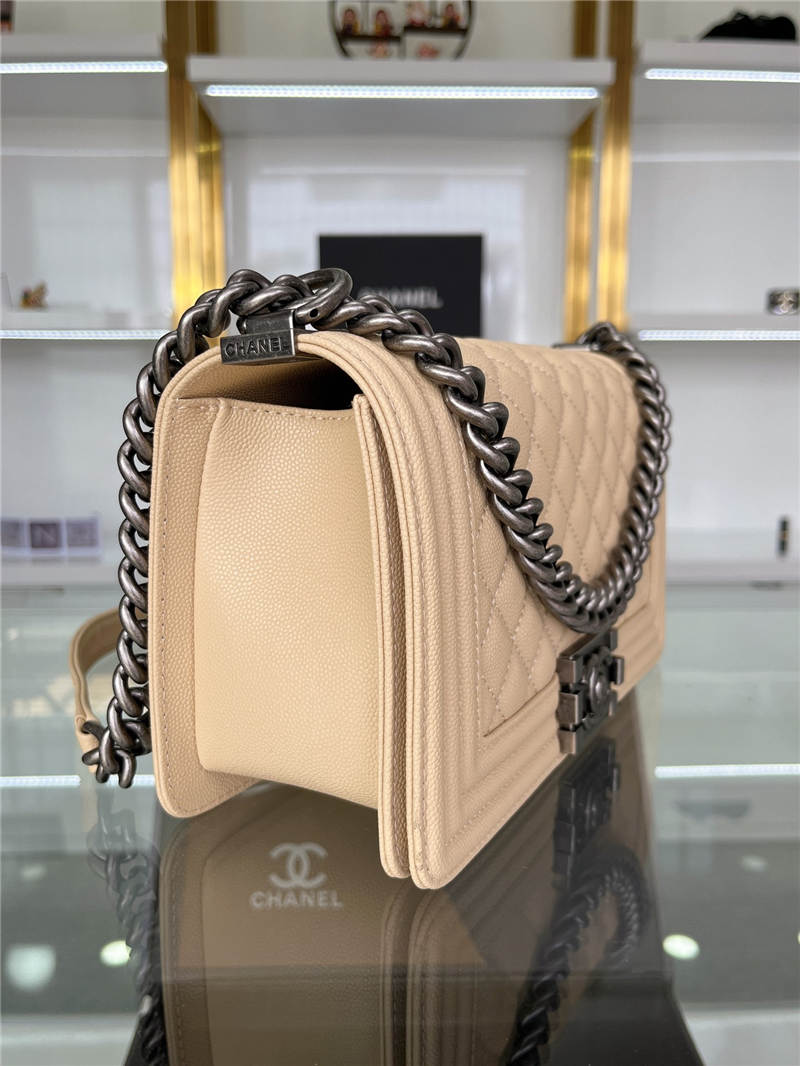 BOY Chanel HANDBAG Grained Calfskin Beige Anti-Silver Metal High