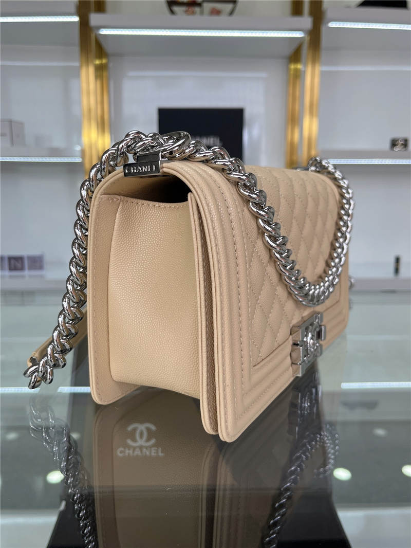 BOY Chanel HANDBAG Grained Calfskin Beige Silver Metal High