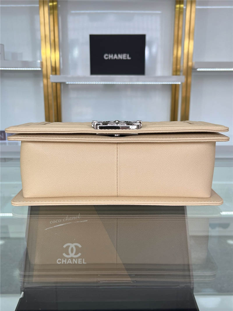 BOY Chanel HANDBAG Grained Calfskin Beige Silver Metal High