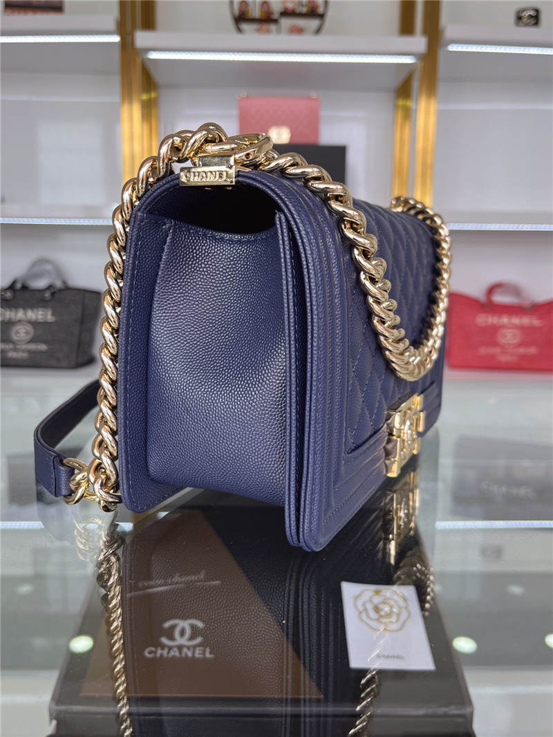 BOY Chanel HANDBAG Grained Calfskin Navy Blue Gold Metal High