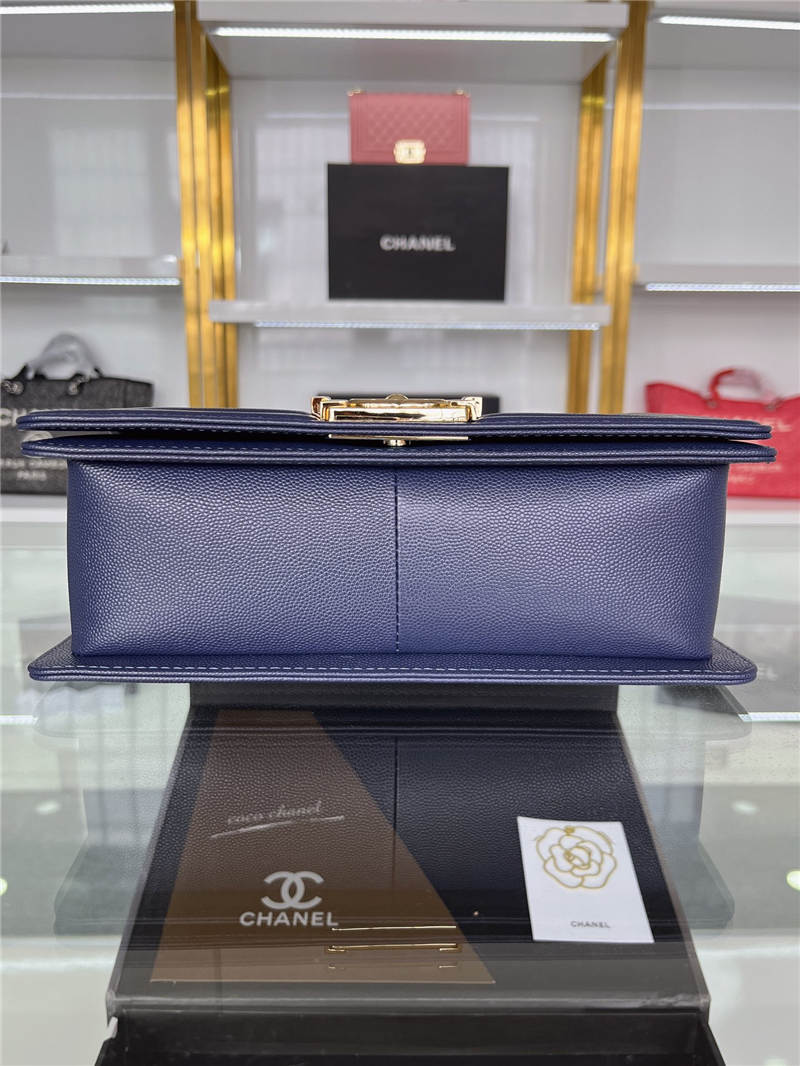 BOY Chanel HANDBAG Grained Calfskin Navy Blue Gold Metal High