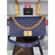 BOY Chanel HANDBAG Grained Calfskin Navy Blue Matt-Gold Metal High