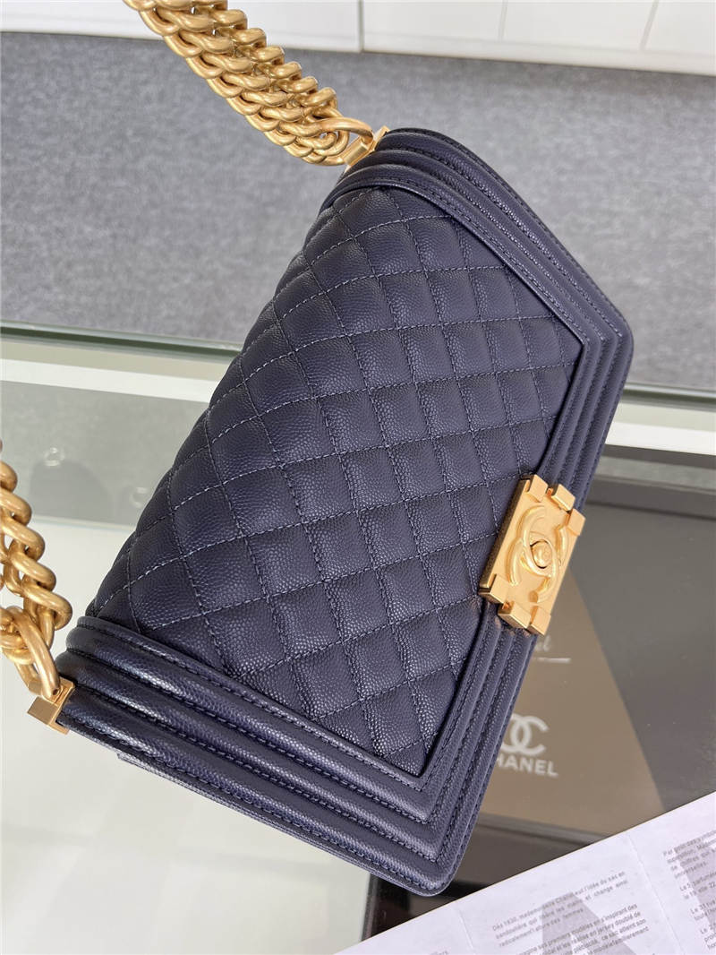 BOY Chanel HANDBAG Grained Calfskin Navy Blue Matt-Gold Metal High