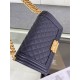 BOY Chanel HANDBAG Grained Calfskin Navy Blue Matt-Gold Metal High