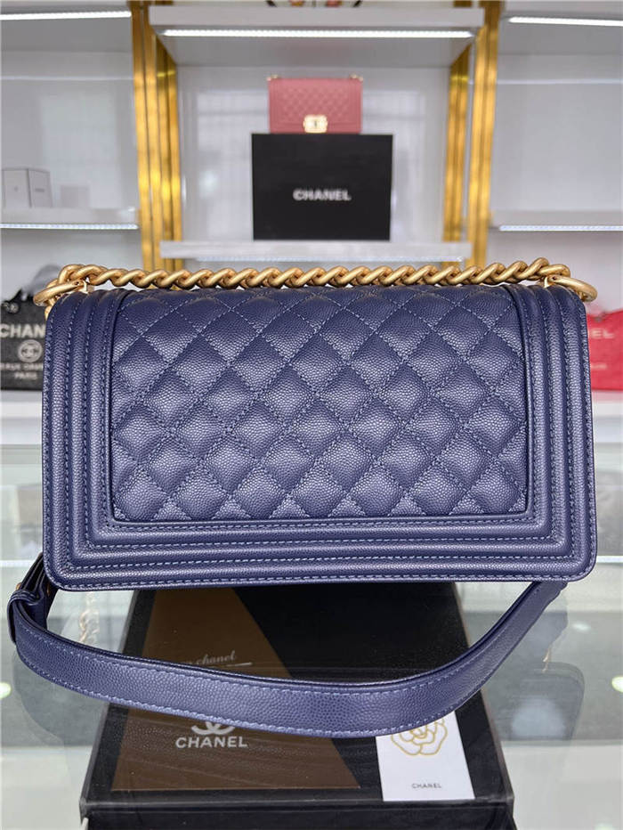 BOY Chanel HANDBAG Grained Calfskin Navy Blue Matt-Gold Metal High