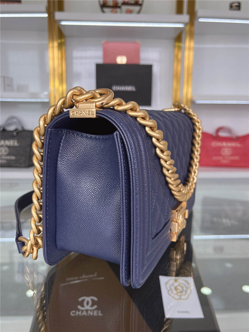 BOY Chanel HANDBAG Grained Calfskin Navy Blue Matt-Gold Metal High