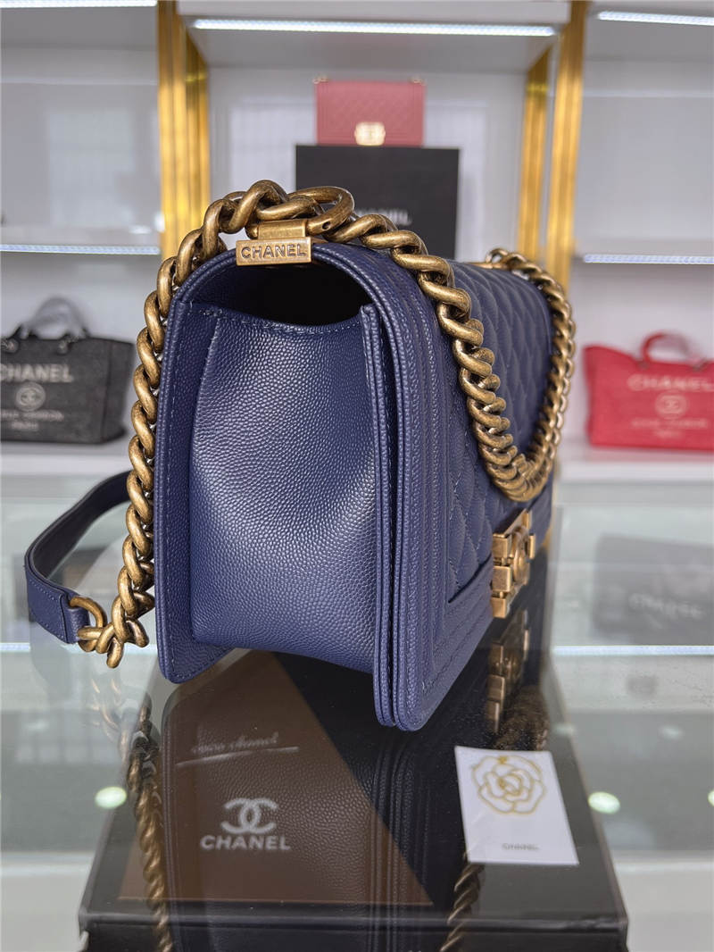 BOY Chanel HANDBAG Grained Calfskin Navy Blue Anti-Gold Metal High