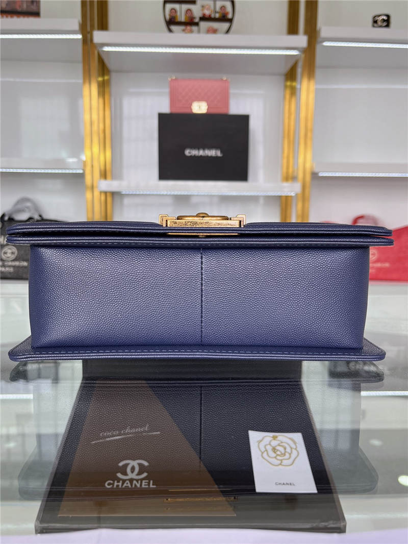 BOY Chanel HANDBAG Grained Calfskin Navy Blue Anti-Gold Metal High