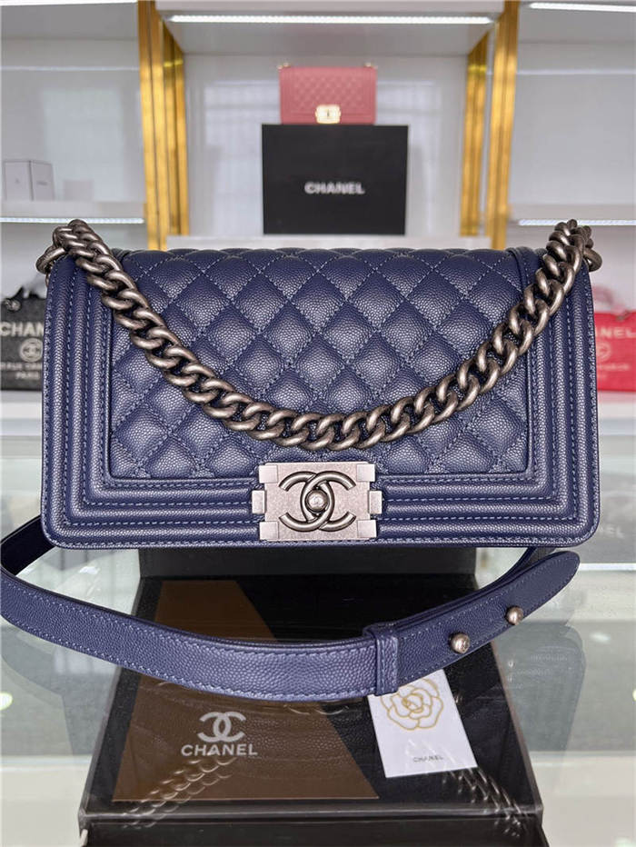 BOY Chanel HANDBAG Grained Calfskin Navy Blue Anti-Silver Metal High