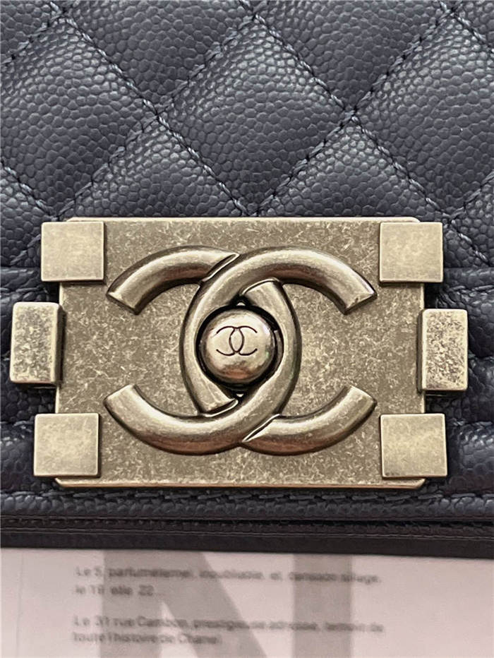 BOY Chanel HANDBAG Grained Calfskin Navy Blue Anti-Silver Metal High