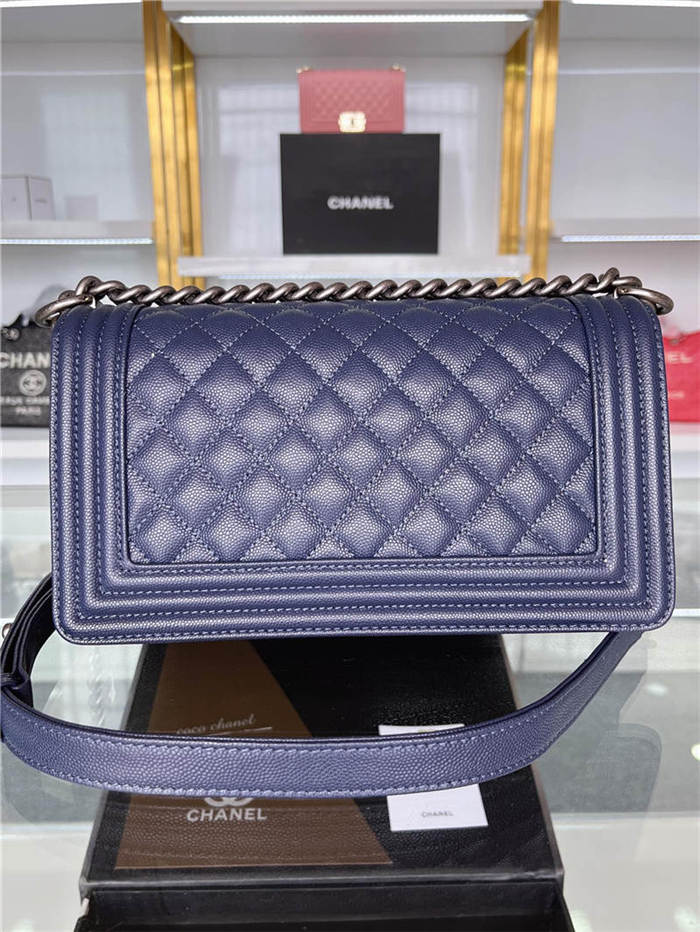 BOY Chanel HANDBAG Grained Calfskin Navy Blue Anti-Silver Metal High