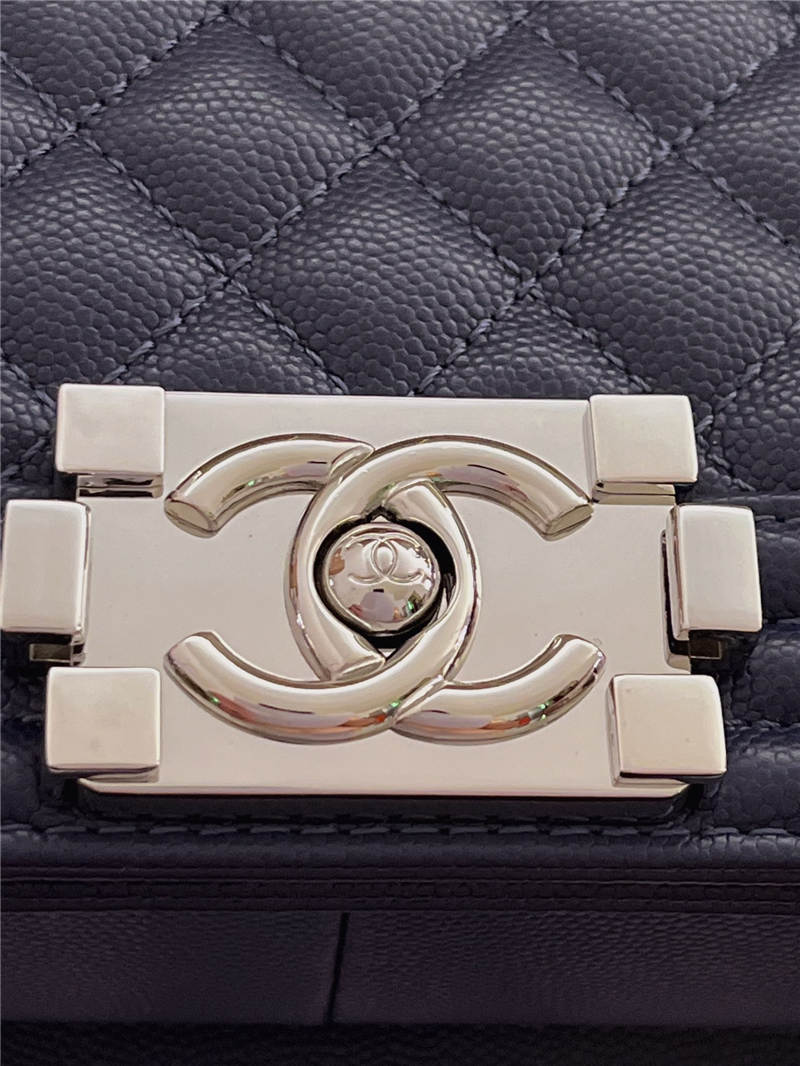 BOY Chanel HANDBAG Grained Calfskin Navy Blue Silver Metal High