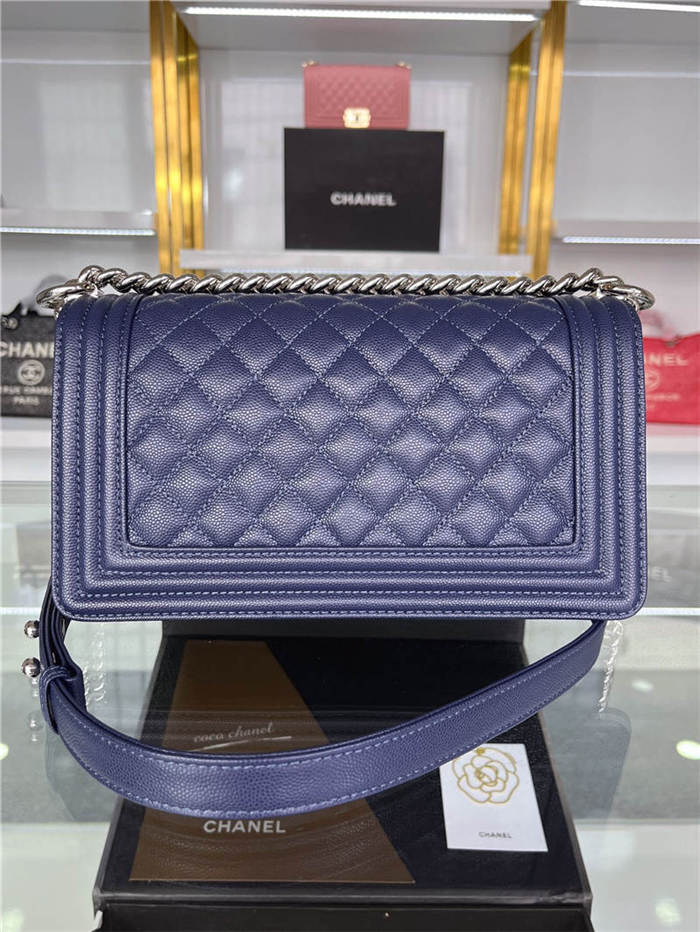 BOY Chanel HANDBAG Grained Calfskin Navy Blue Silver Metal High