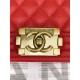 BOY Chanel HANDBAG Grained Calfskin Red Anti-Gold Metal High