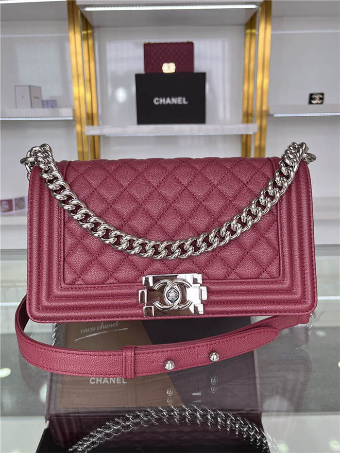 BOY Chanel HANDBAG Grained Calfskin Wine Silver Metal High