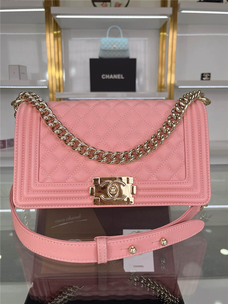 BOY Chanel HANDBAG Grained Calfskin Pink Gold Metal High