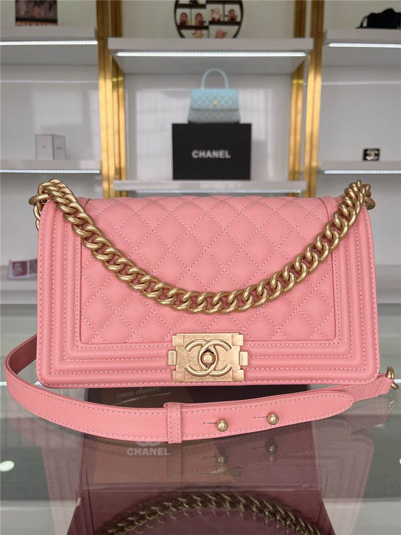 BOY Chanel HANDBAG Grained Calfskin Pink Matt-Gold Metal High