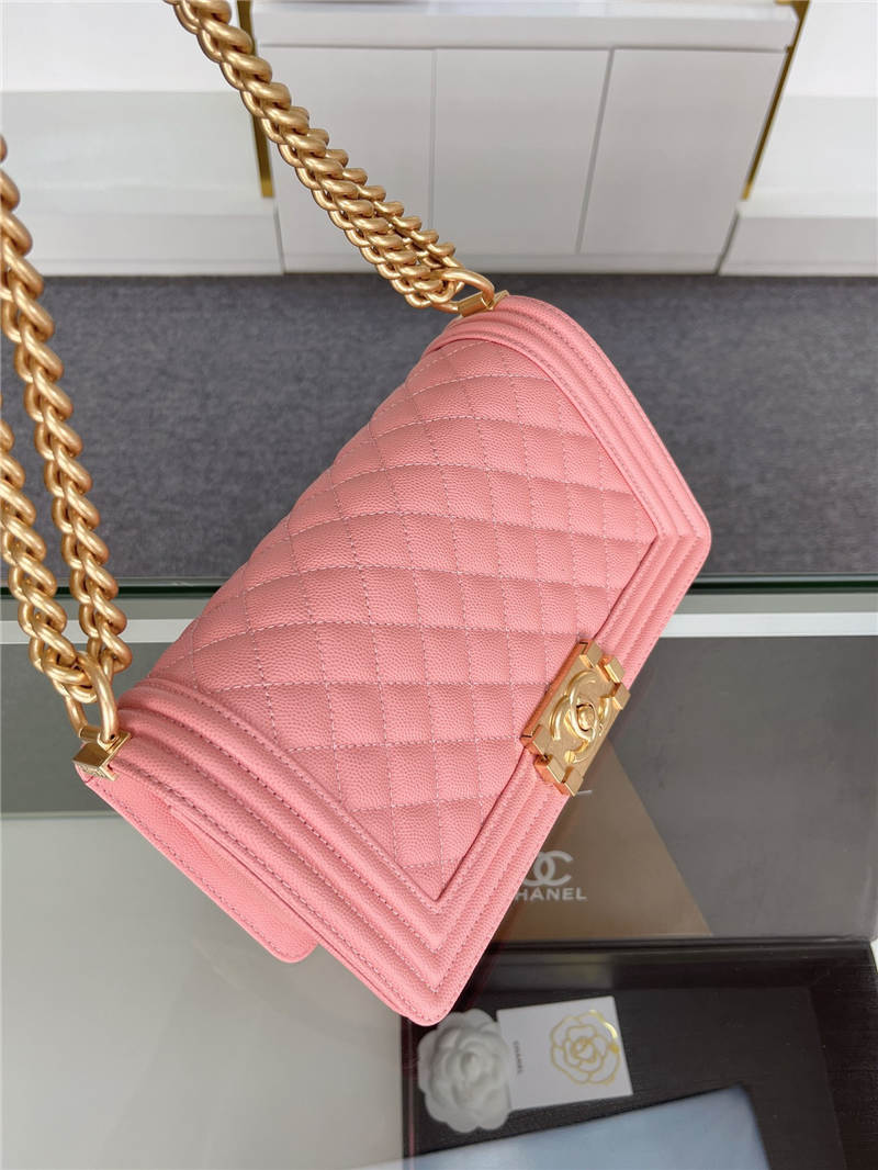 BOY Chanel HANDBAG Grained Calfskin Pink Matt-Gold Metal High