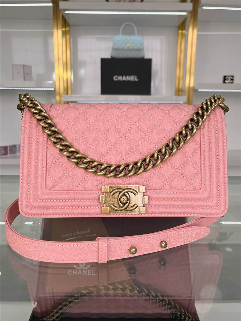 BOY Chanel HANDBAG Grained Calfskin Pink Anti-Gold Metal High