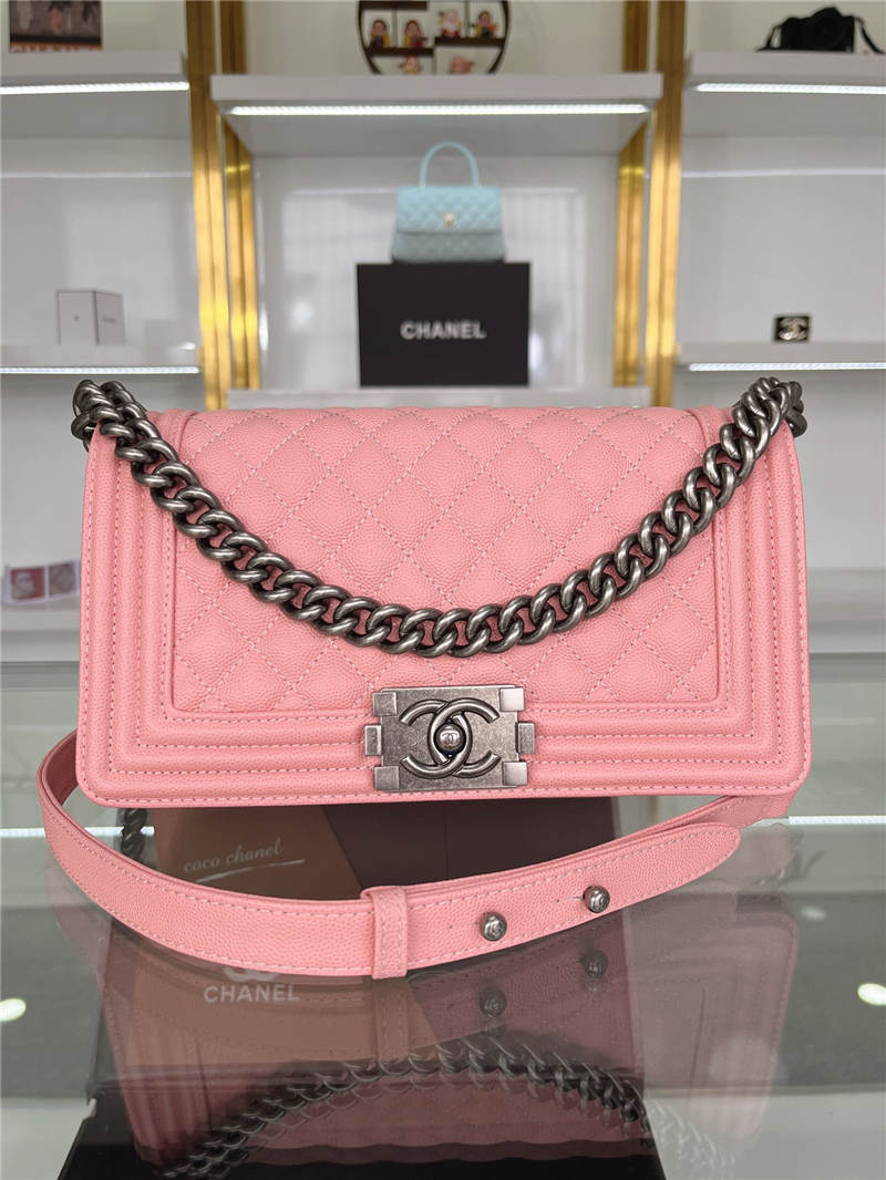 BOY Chanel HANDBAG Grained Calfskin Pink Anti-Silver Metal High