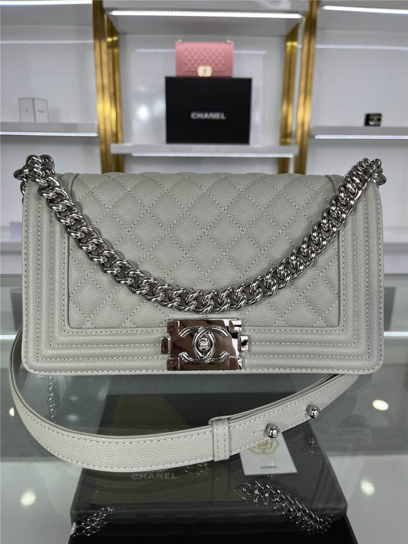 BOY Chanel HANDBAG Grained Calfskin Grey Silver Metal High