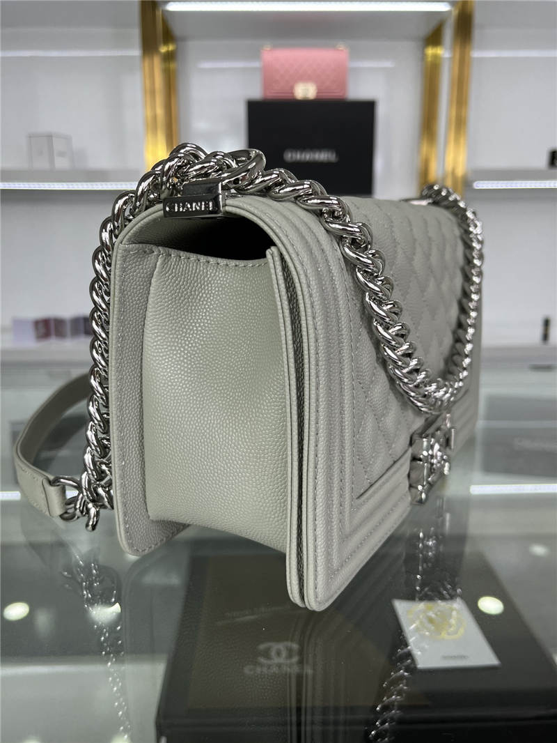 BOY Chanel HANDBAG Grained Calfskin Grey Silver Metal High