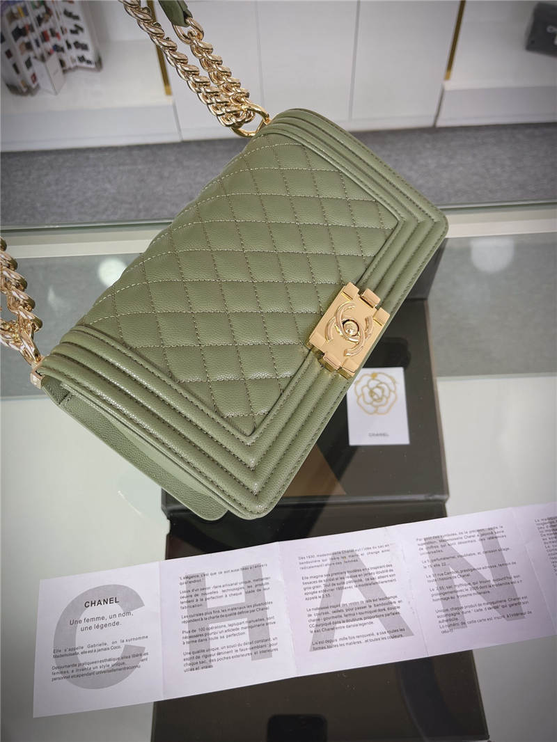 BOY Chanel HANDBAG Grained Calfskin Olive Gold Metal High