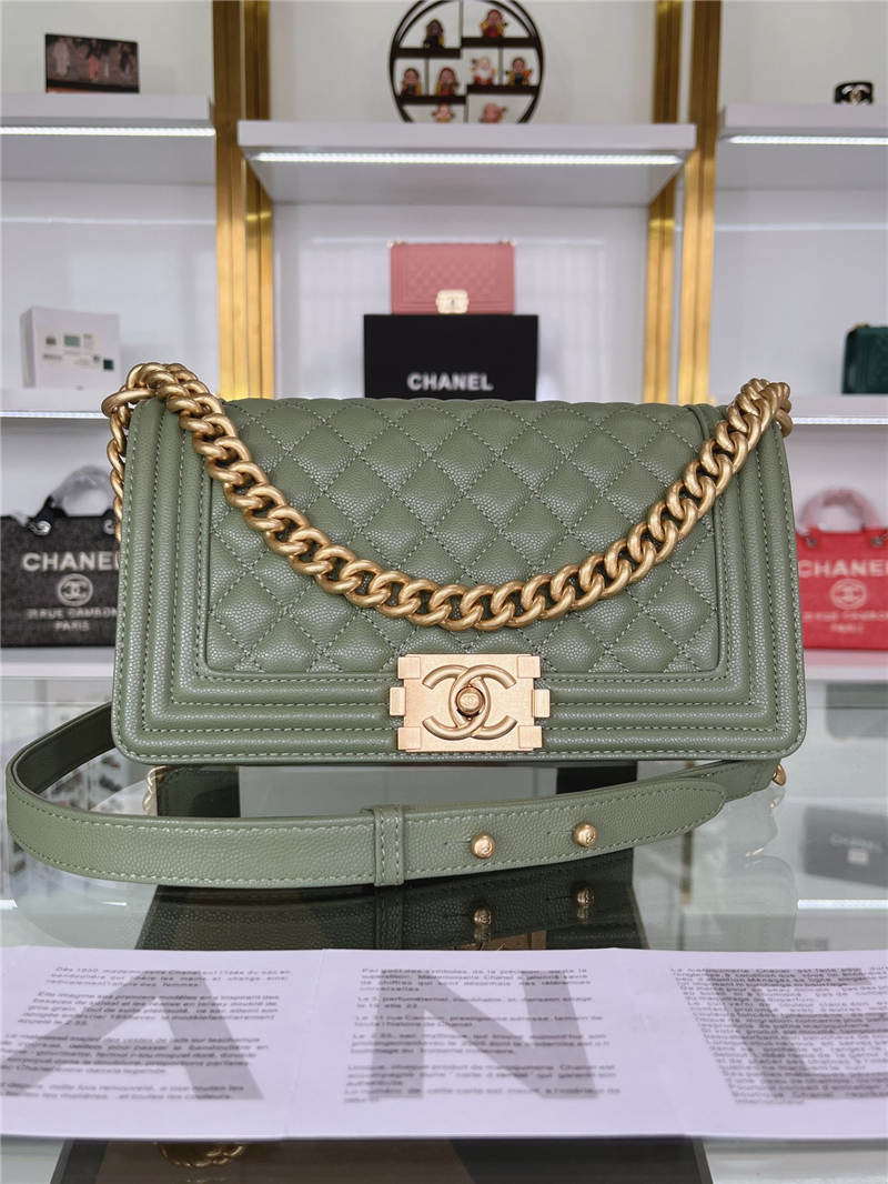 BOY Chanel HANDBAG Grained Calfskin Olive Matt-Gold Metal High