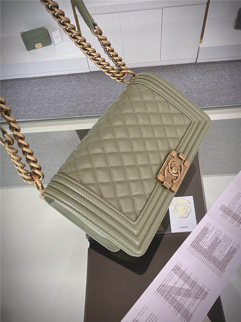 BOY Chanel HANDBAG Grained Calfskin Olive Anti-Gold Metal High