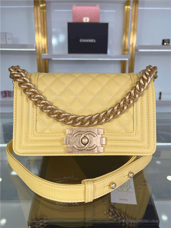 SMALL BOY Chanel HANDBAG Grained Calfskin Yellow Matt-Gold Metal High