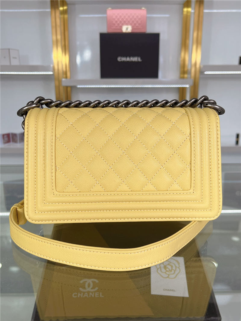 SMALL BOY Chanel HANDBAG Grained Calfskin Yellow Anti-Silver Metal High