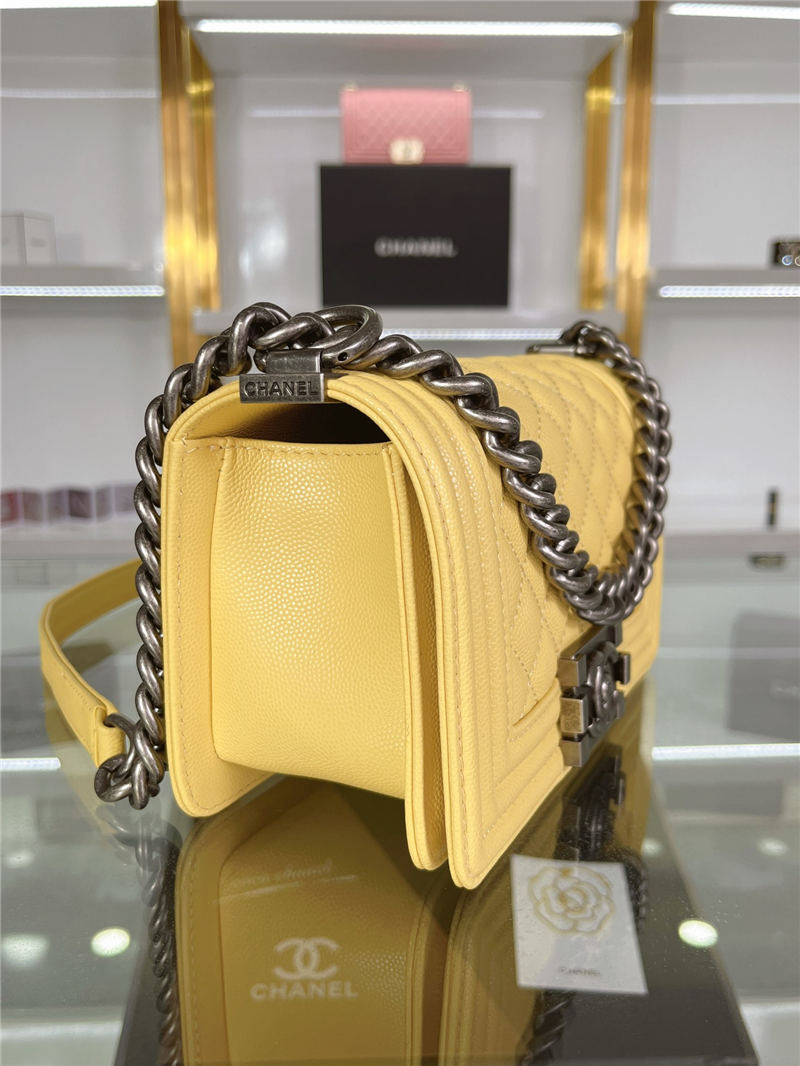 SMALL BOY Chanel HANDBAG Grained Calfskin Yellow Anti-Silver Metal High