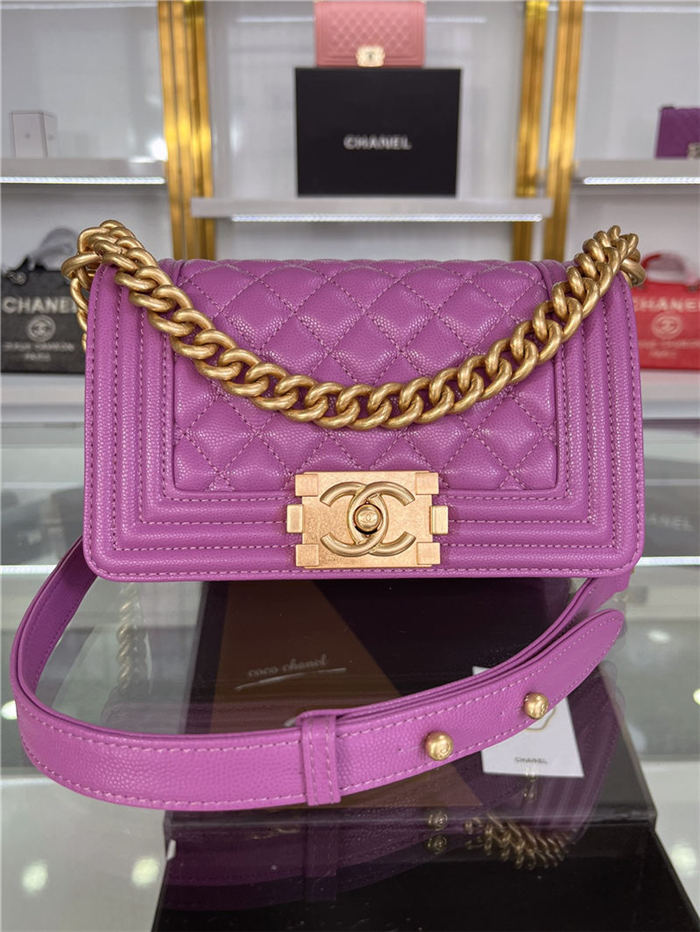 SMALL BOY Chanel HANDBAG Grained Calfskin Purple Matt-Gold Metal High