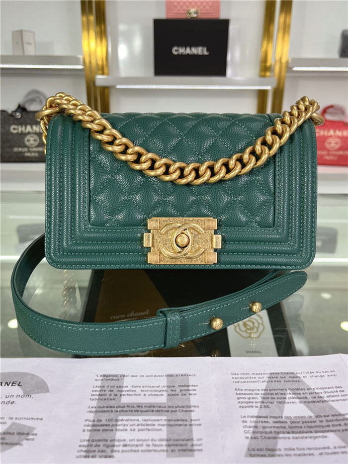 SMALL BOY Chanel HANDBAG Grained Calfskin Green Matt-Gold Metal High