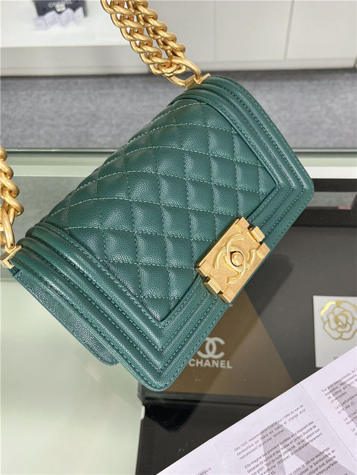 SMALL BOY Chanel HANDBAG Grained Calfskin Green Matt-Gold Metal High