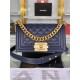 SMALL BOY Chanel HANDBAG Grained Calfskin Navy Blue Matt-Gold Metal High