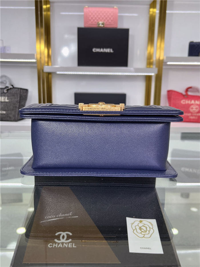 SMALL BOY Chanel HANDBAG Grained Calfskin Navy Blue Matt-Gold Metal High