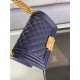 SMALL BOY Chanel HANDBAG Grained Calfskin Navy Blue Matt-Gold Metal High