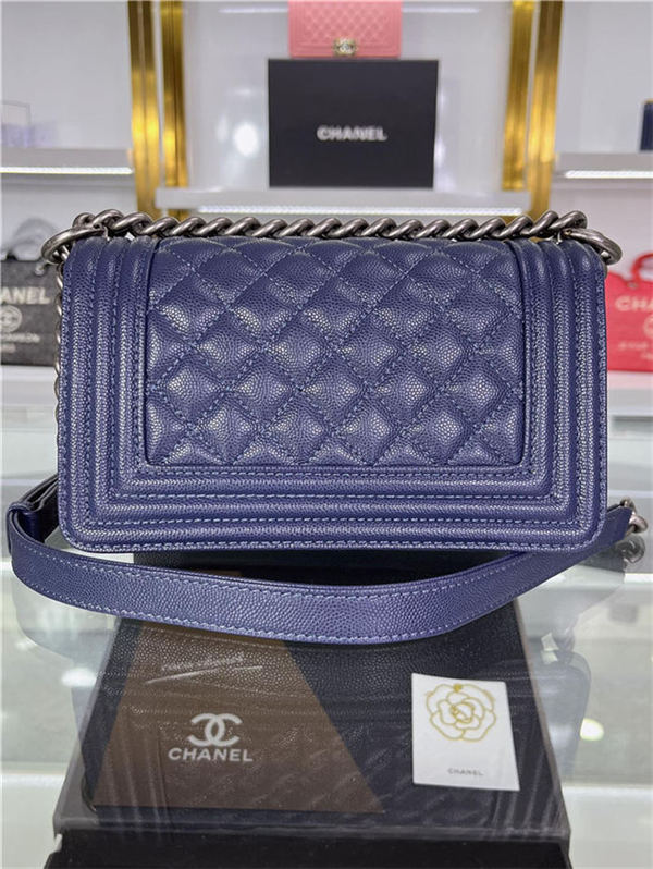 SMALL BOY Chanel HANDBAG Grained Calfskin Navy Blue Anti-Silver Metal High