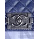 SMALL BOY Chanel HANDBAG Grained Calfskin Navy Blue Anti-Silver Metal High