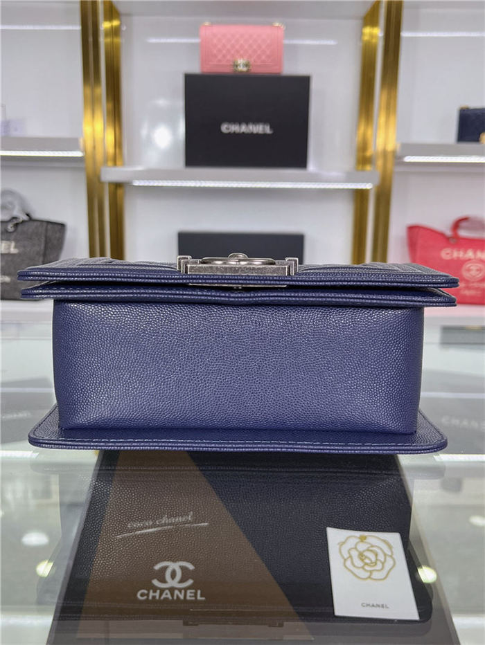 SMALL BOY Chanel HANDBAG Grained Calfskin Navy Blue Anti-Silver Metal High