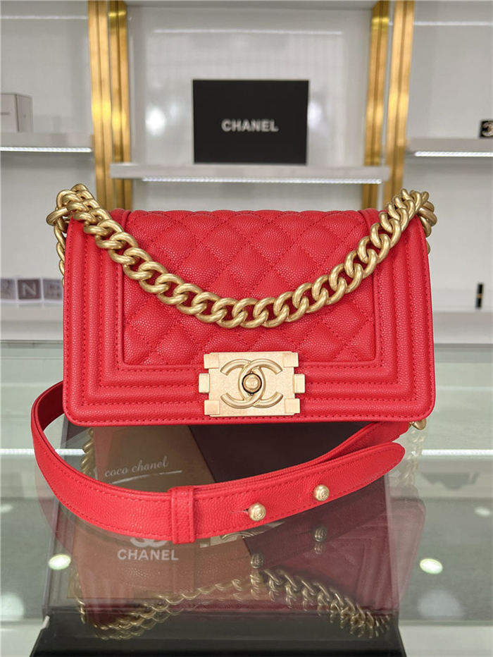 SMALL BOY Chanel HANDBAG Grained Calfskin Red Matt-Gold Metal High