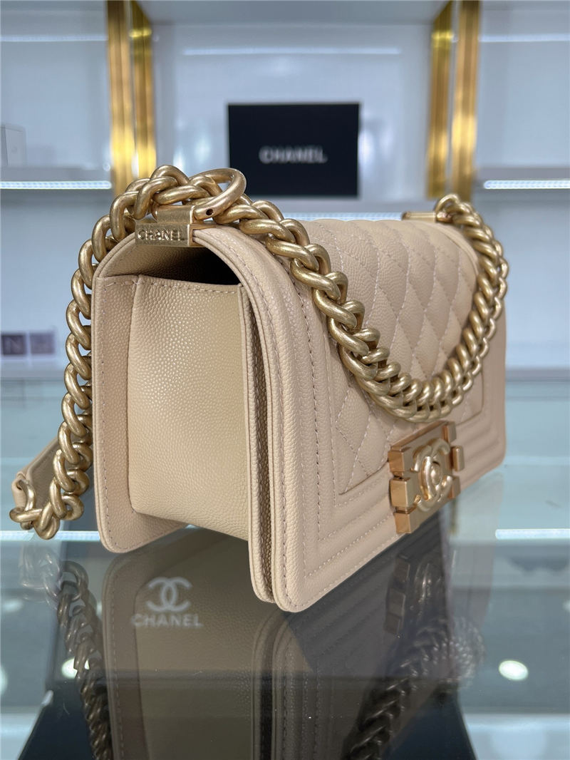 SMALL BOY Chanel HANDBAG Grained Calfskin Beige Matt-Gold Metal High