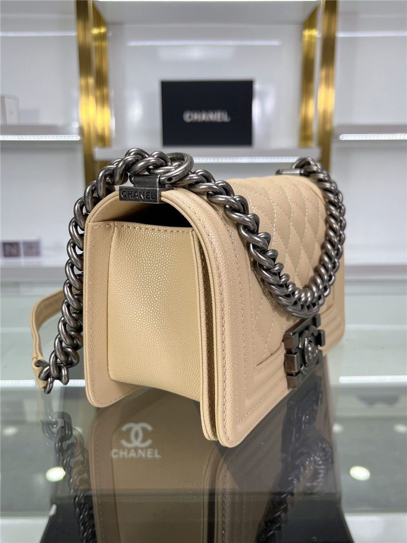 SMALL BOY Chanel HANDBAG Grained Calfskin Beige Anti-Silver Metal High