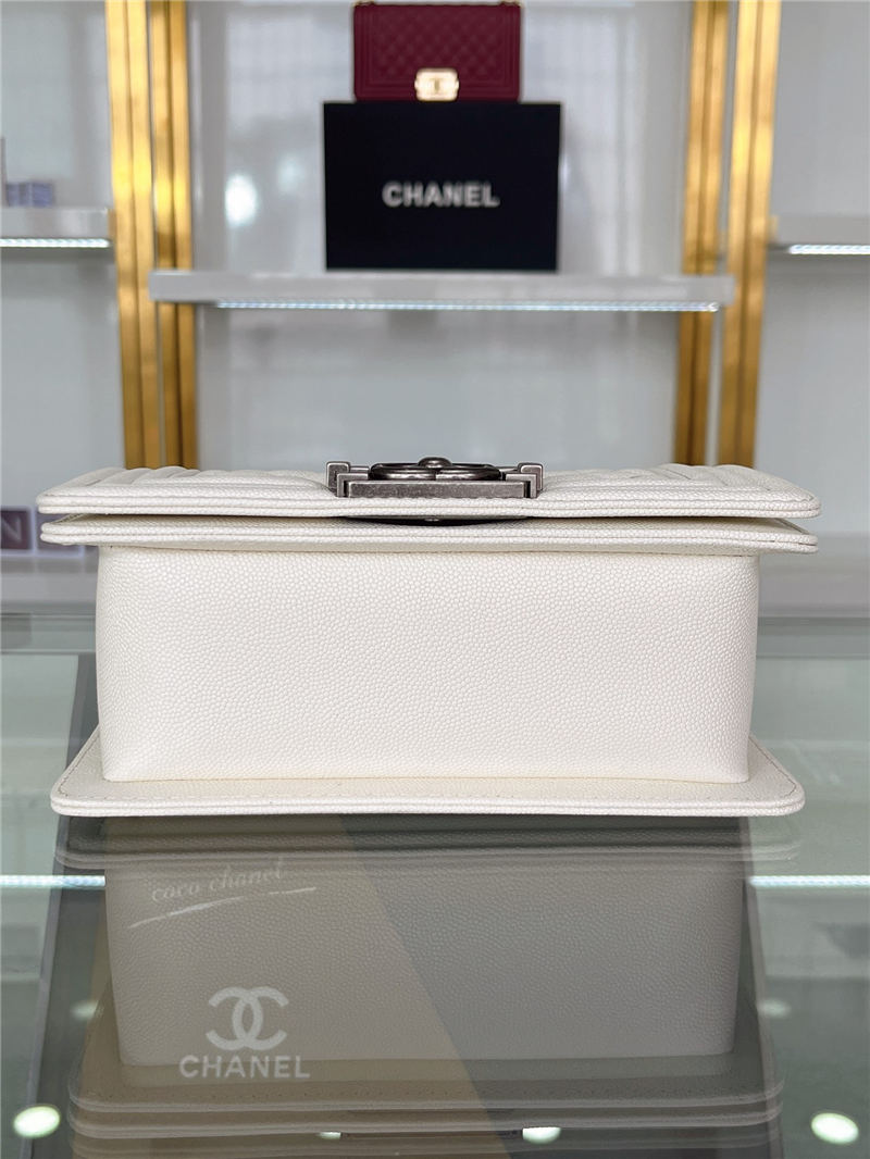 SMALL BOY Chanel HANDBAG Grained Calfskin White Anti-Silver Metal High