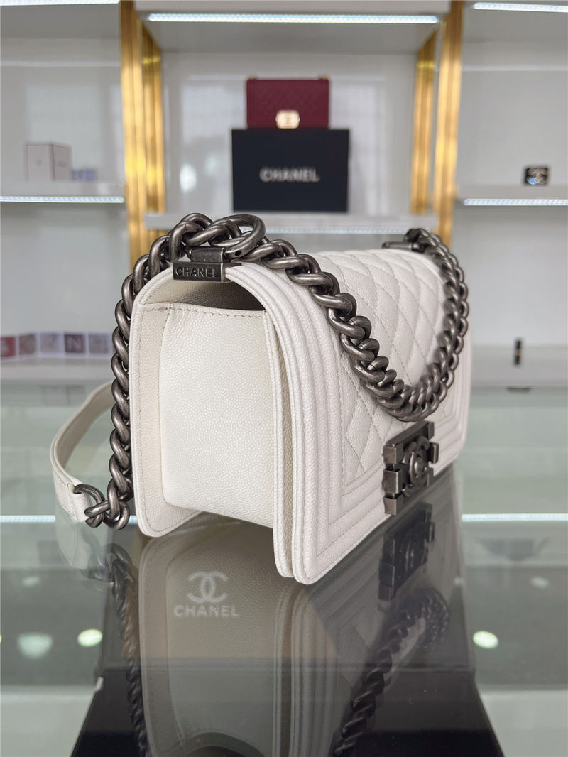 SMALL BOY Chanel HANDBAG Grained Calfskin White Anti-Silver Metal High