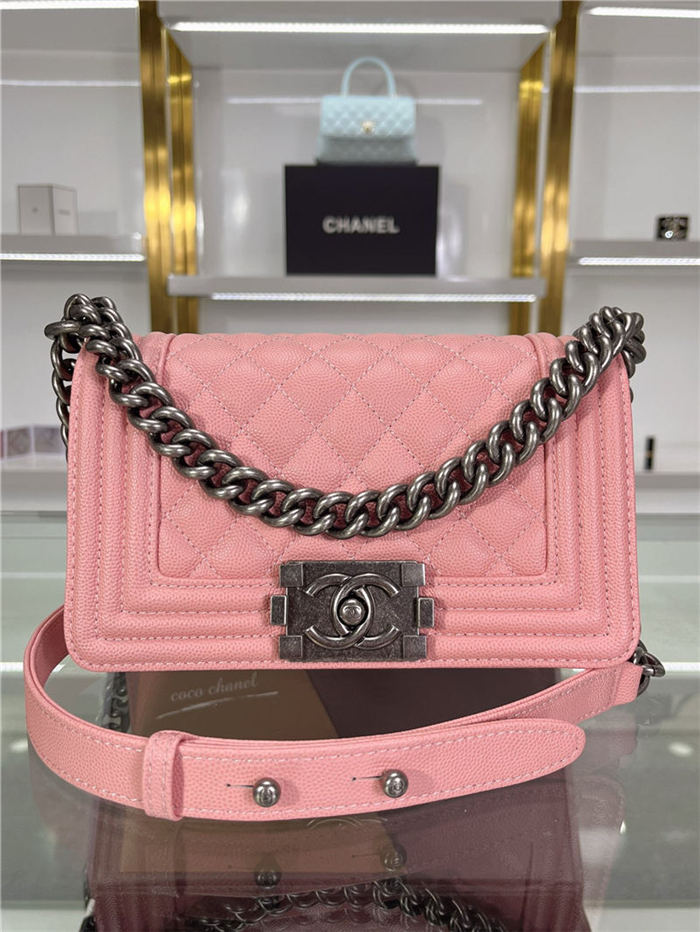 SMALL BOY Chanel HANDBAG Grained Calfskin Pink Anti-Silver Metal High