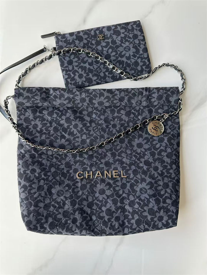 Chanel 22 SMALL HANDBAG Printed Denim & Silver-Tone Metal AS3260 High