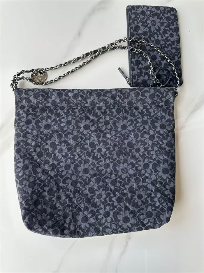 Chanel 22 SMALL HANDBAG Printed Denim & Silver-Tone Metal AS3260 High